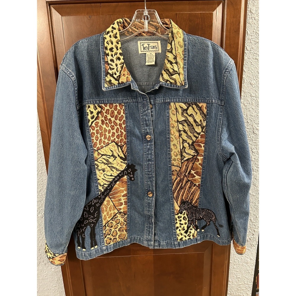 Tantrums Womens Medium Embroidered Safari Zebra Denim Jean Jacket Beautiful